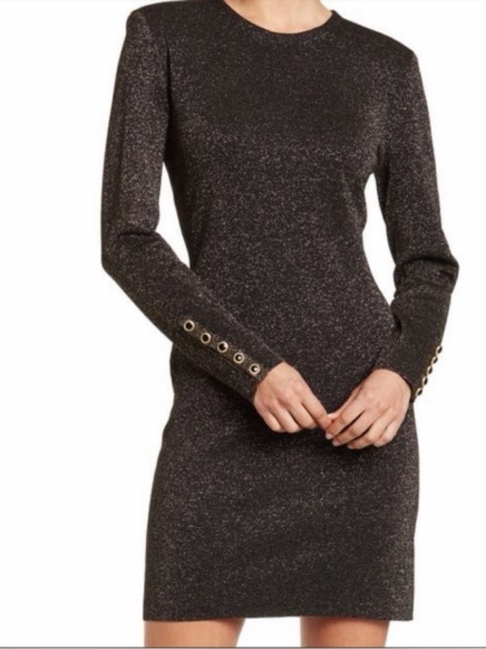 Veronica Beard Long Sleeve Metallic Gold Crewneck Bodycon Dress - Black
